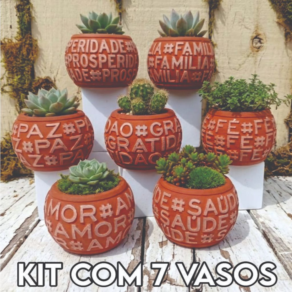 KIT 7 VASOS VERMELHOS COM PALAVRAS MOTIVACIONAIS - VASINHO DE CIMENTO PARA SUCULENTAS E MINI CACTOS