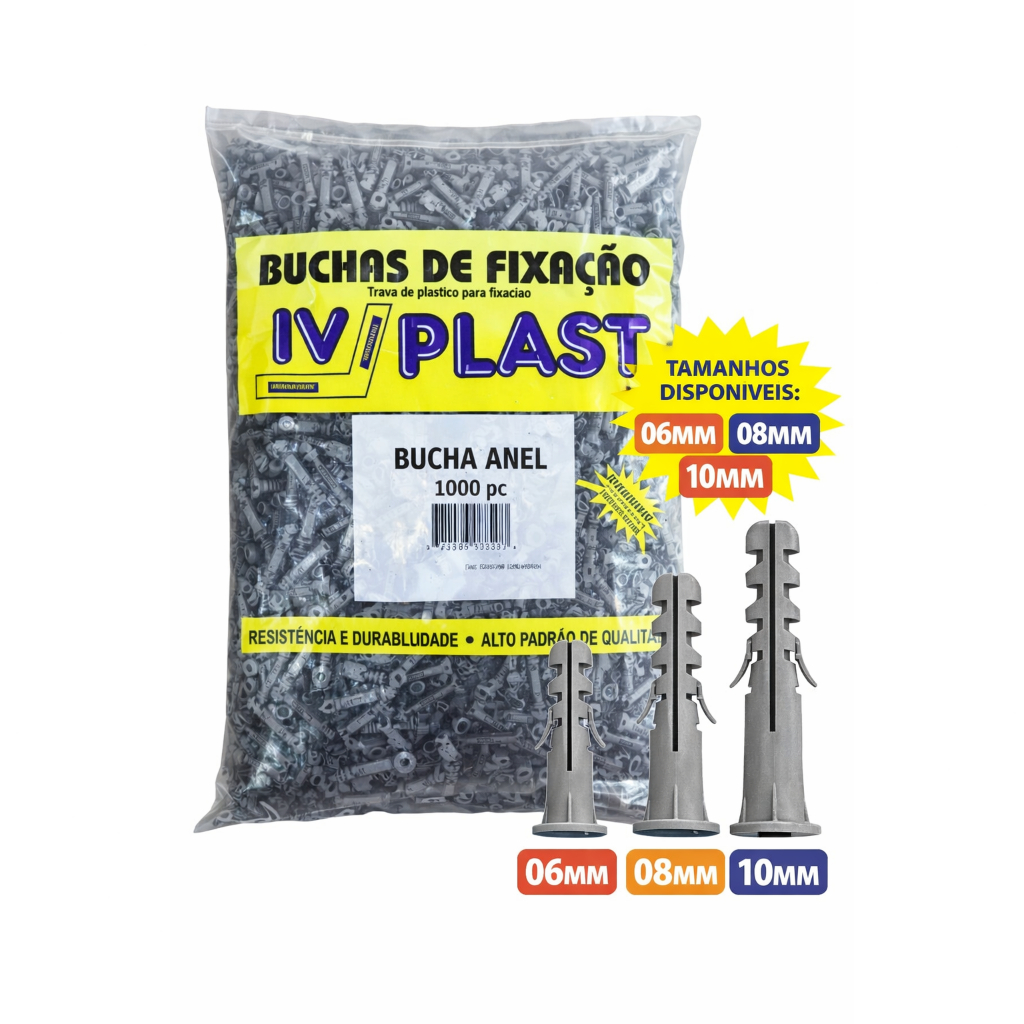 Pacote Bucha 06 - 08 - 10MM Anel Iv Plast Convencional Comum Aba Fixação Parede Bloco Maciça Tijolo