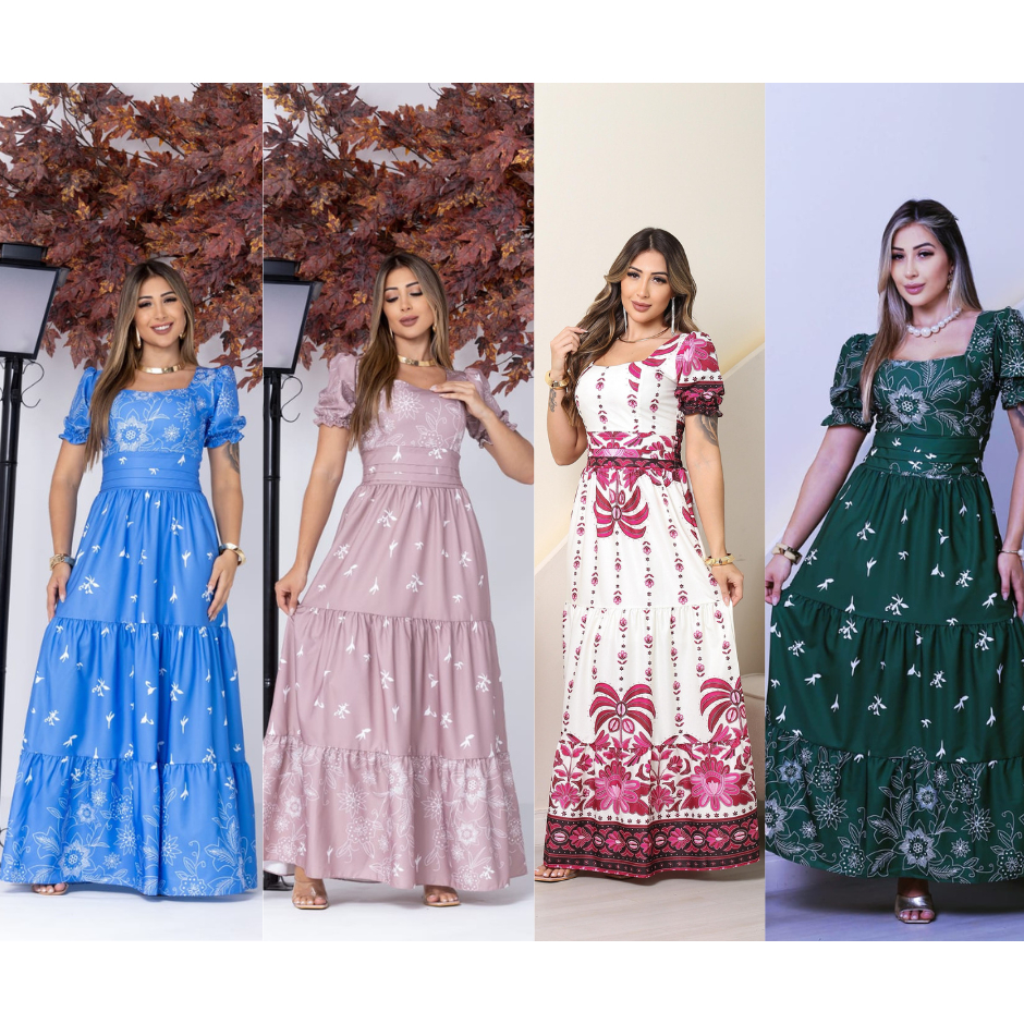 Vestido feminino longo luxo elegante estampado forrado com manga princesa moda Cristiana