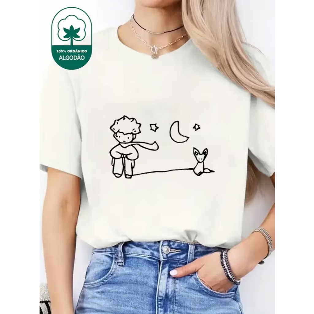 moda feminina roupas blusas elegante Camiseta algodão preto e branco O Pequeno Príncipe em Oferta na Shopee