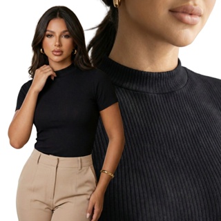 Camiseta T-shirt Canelada Premium Gola Alta Toque Macio Manga Curta Com Elastano em Oferta na Shopee