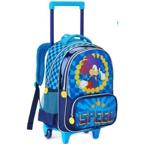 Mochila Escolar Infantil Menino Azul com Rodinhas Personagem Sonic - Denlex Speed