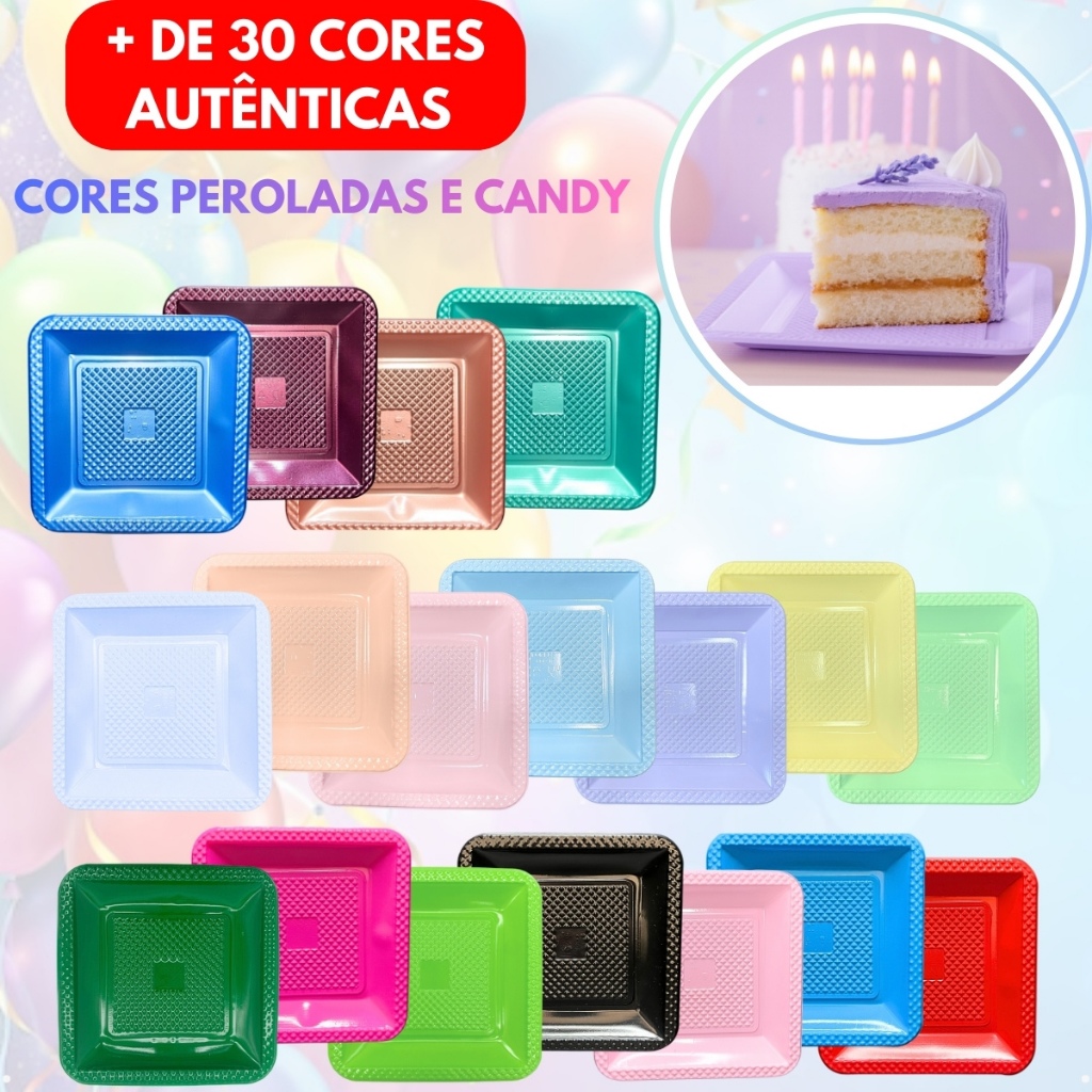 Kit Prato Descartável Quadrado Diamante Luxo Premium Aniversário Festas Pratinho Sobremesa Bolo Perolado Candy Cor Paste