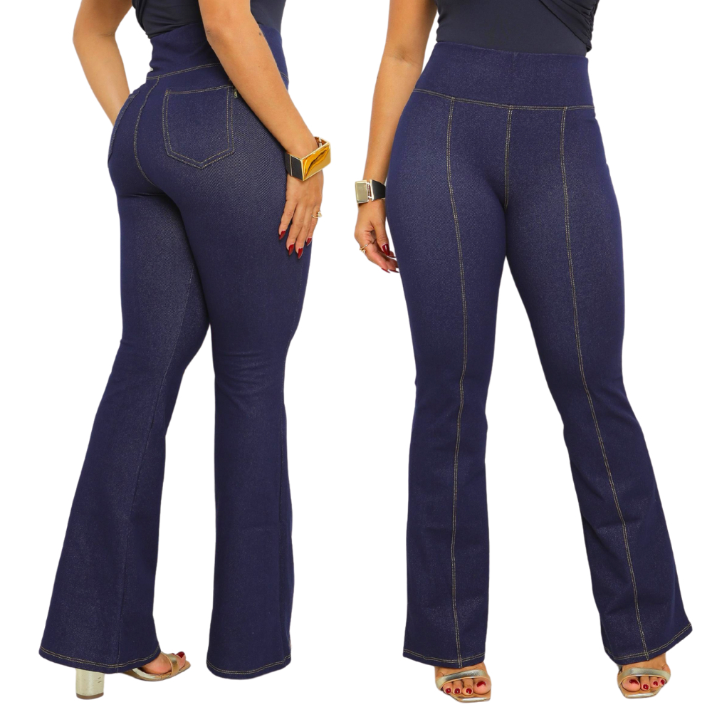 Calça Flare Feminina Jeans Fake Cintura Alta Cotton Confortável Boca de Sino Bailarina com Bolso em Oferta na Shopee