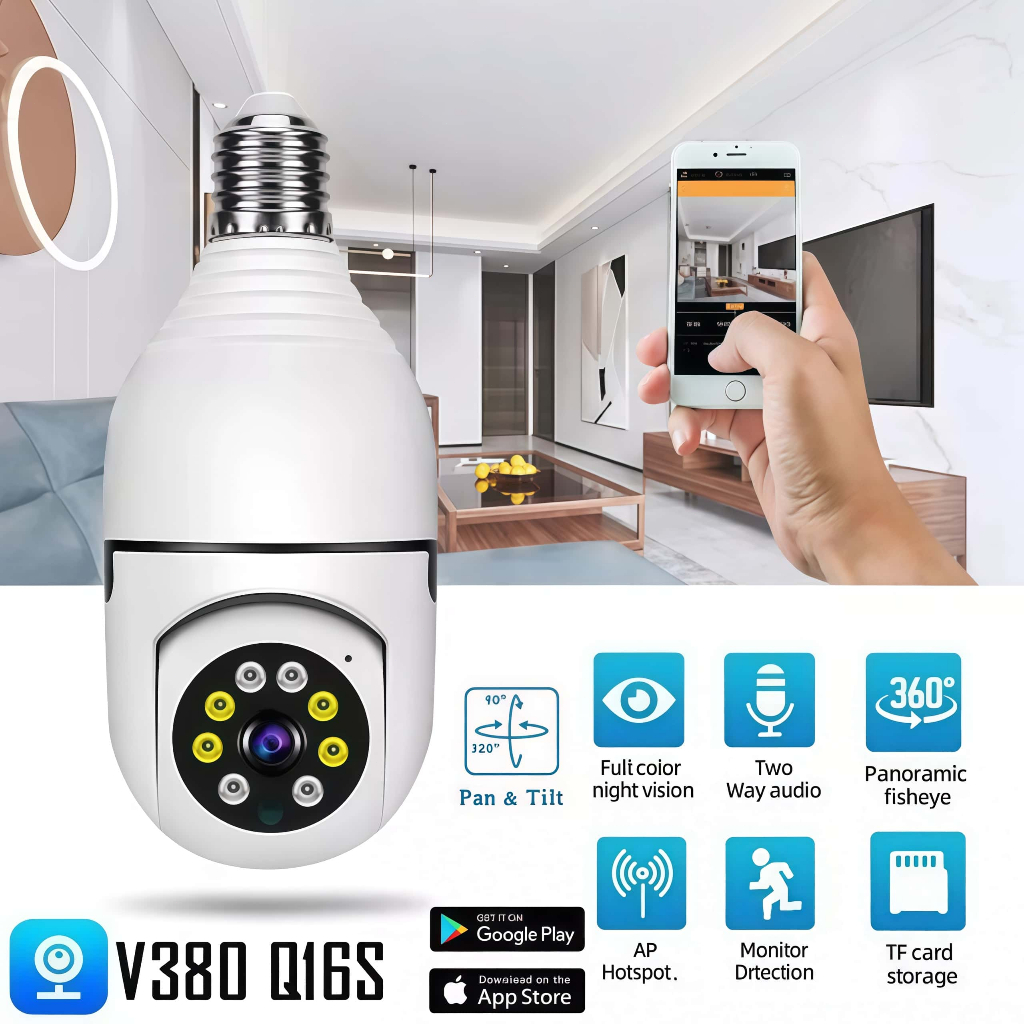 Câmera wifi ip sem fio giratória 360 com encaixe lampada bocal rosca ptz full HD visão noturna segurança em Oferta na Shopee