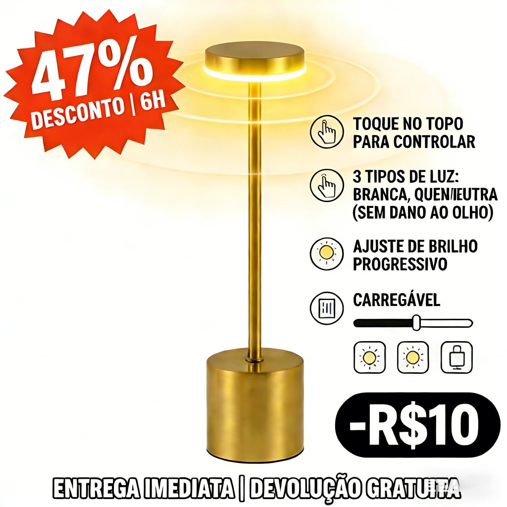 Luminária de Mesa 3 Tons Cabeceira Luxuosa Abajur Recarregável Escrivaninha LED Quarto Candeeiro