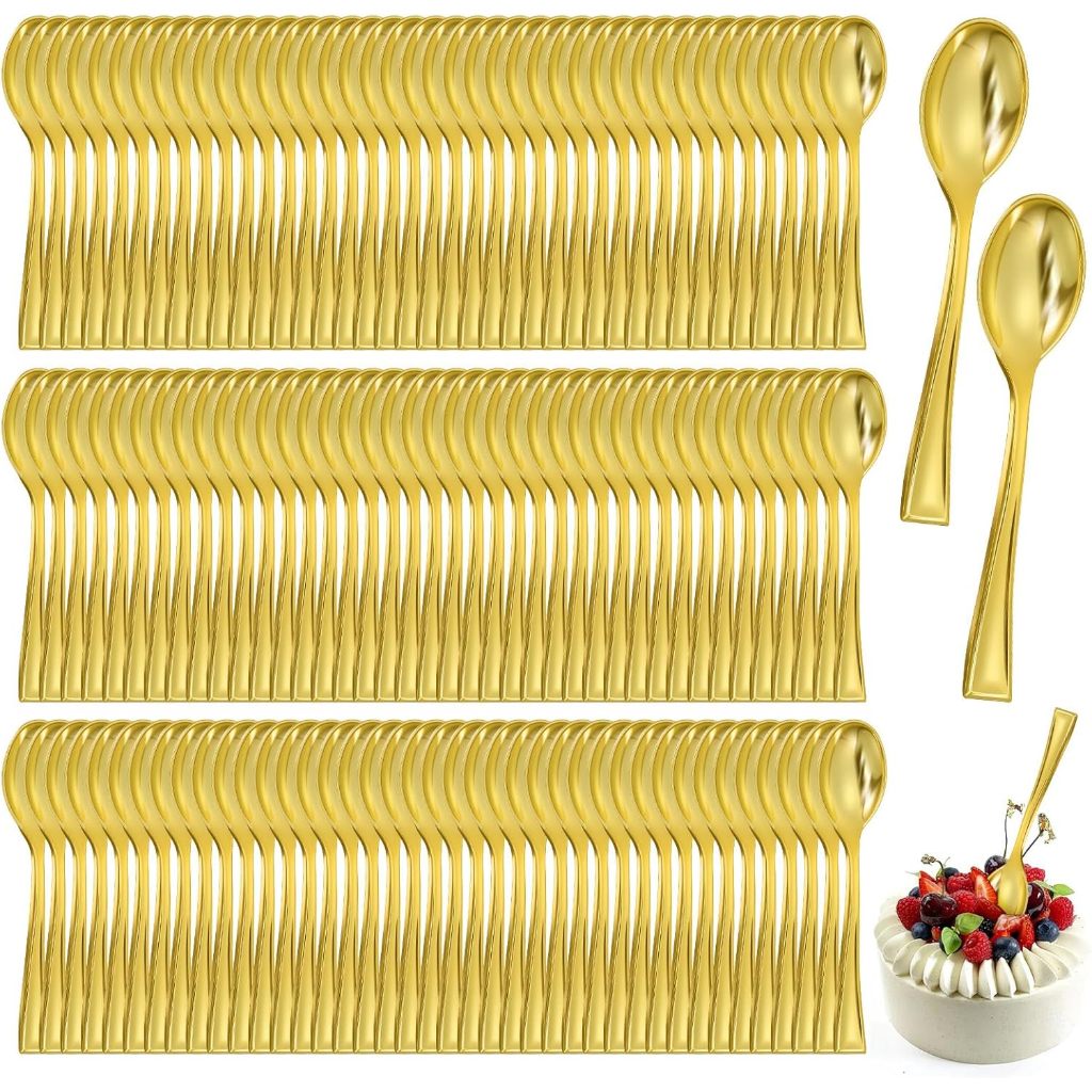 200/300 Colheres de sobremesa de plástico douradas, 13 cm de comprimento, colheres descartáveis resistentes para festas