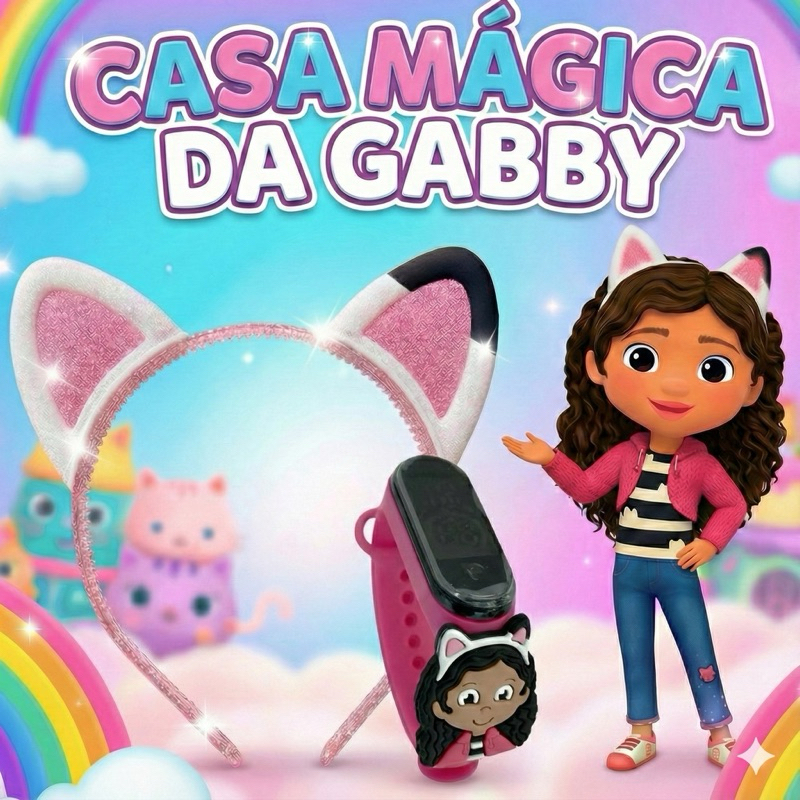 Kit Casa Mágica Da Gabby Relógio Digital LED + Tiara Orelha Gatinha Infantil