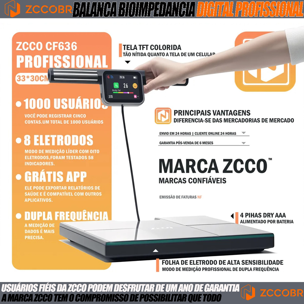 ZCCOBR Balança Bioimpedância Digital 8 Eletrodos Smart App+tela Tft