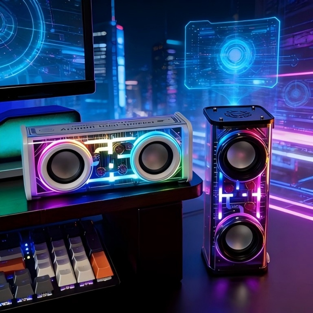 Caixa de Som Bluetooth | Dois Alto-falantes + Subwoofer | Luzes Tech Super Vibrantes + Conexão TWS Sem Fio