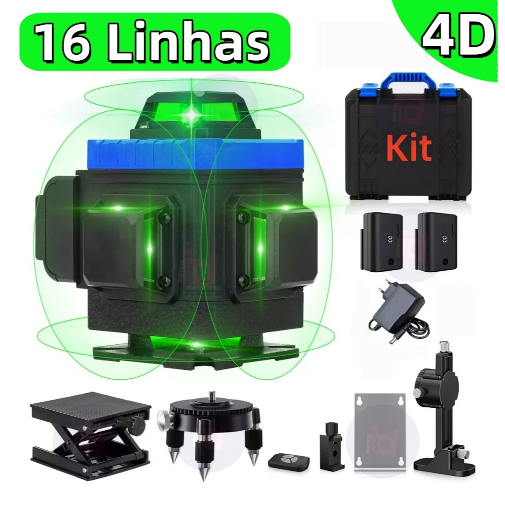 Kit De Nível Laser Verde 16 Linhas 4d Autonivelante Com 2 Baterias Nivel A Laser Com Caixa