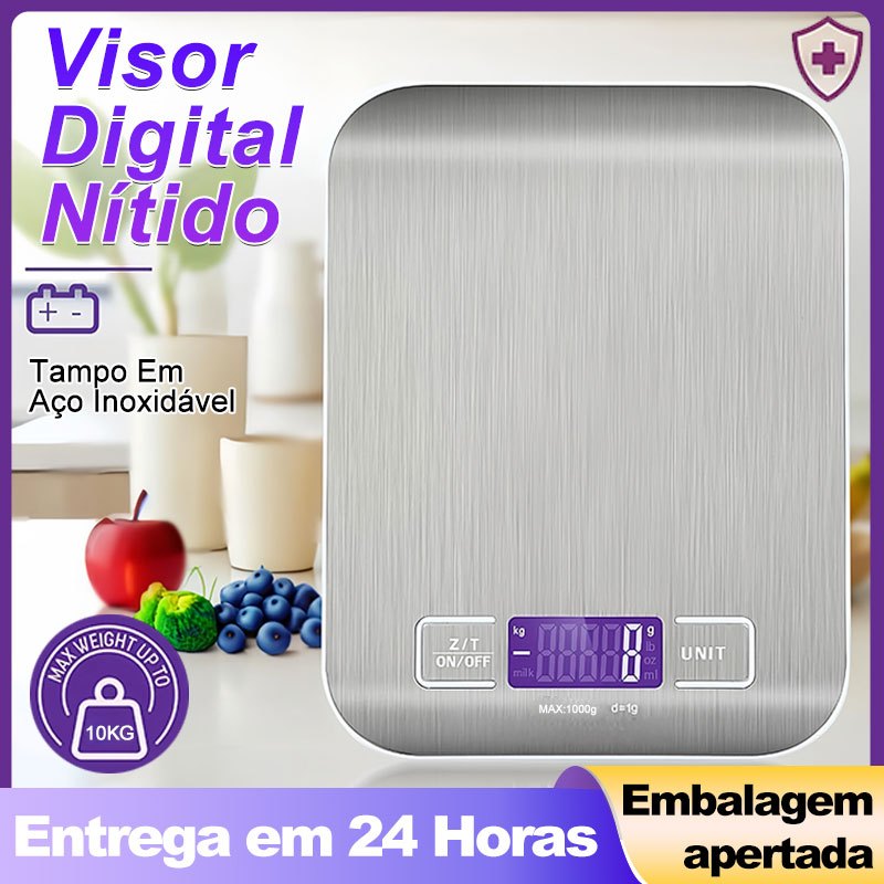 Balança Digital de Cozinha Aço Inoxidável Alta Precisão Ate 10kg Visor Digital