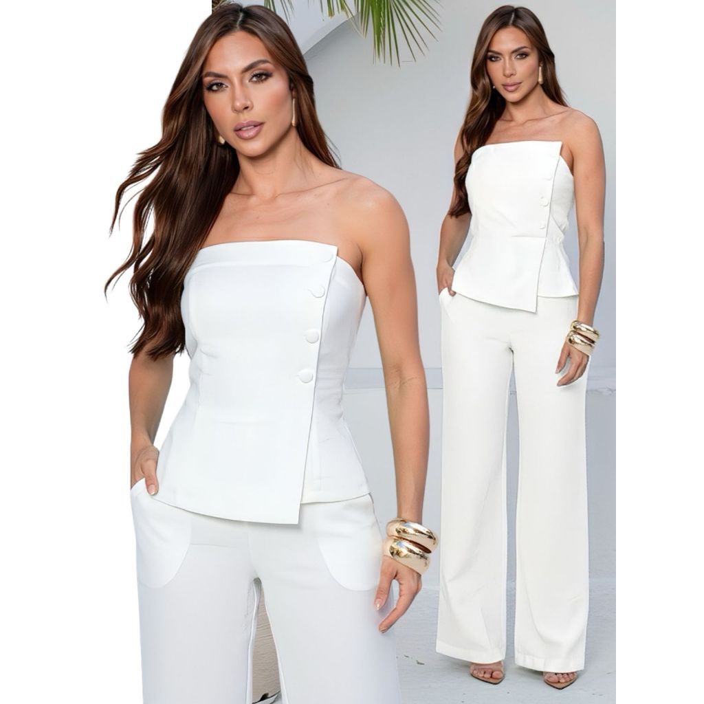 Conjunto Alfaiataria Longo Feminino Blusa Tomara que Caia e Calça Pantalona