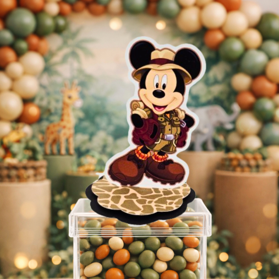 Kit 12 Apliques 3D Mickey Safári Tag para Caixa Acrílica Lembrancinha Personalizado Festa Infantil