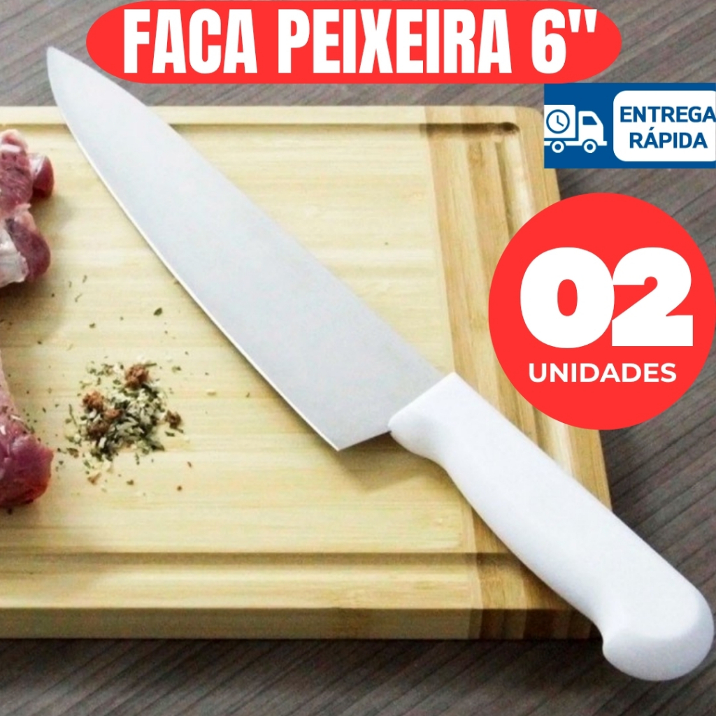 Imagem Kit Faca Peixeira Inox Profissional 6” Cabo Branco Para Cozinha e Churrasco