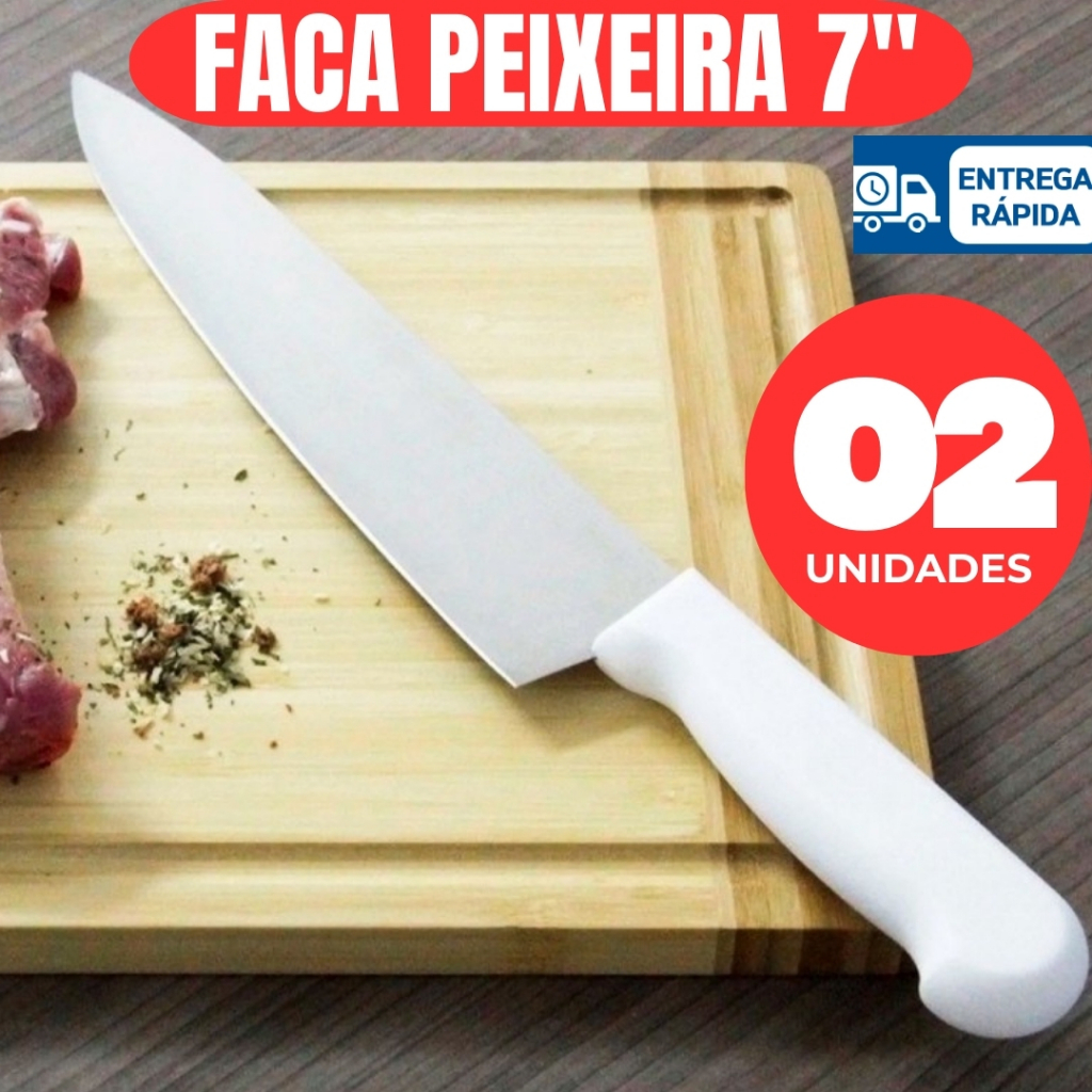 Imagem Kit Faca Peixeira Inox Profissional 7” Cabo Branco Para Cozinha e Churrasco