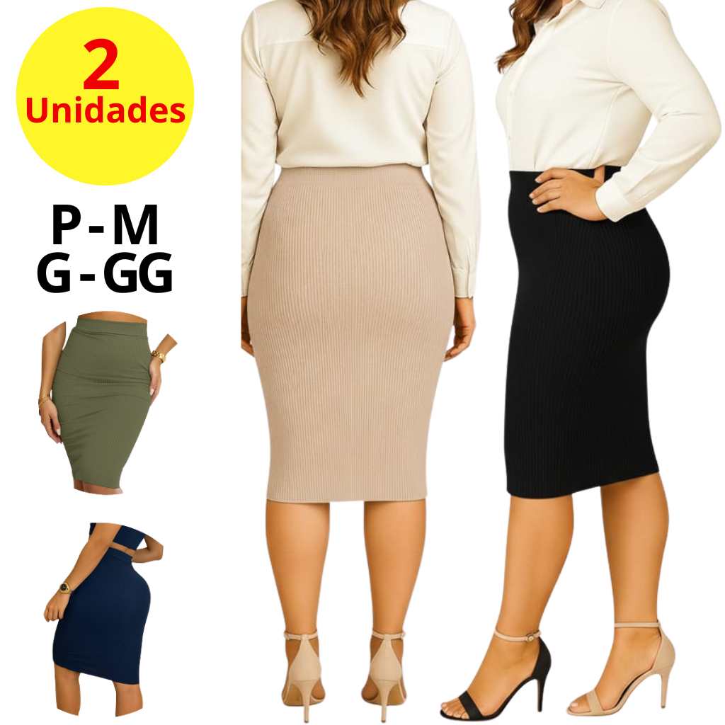 Kit 2 Saias Moda Evangélica Cintura Alta Mid Canelada Lápis Premium