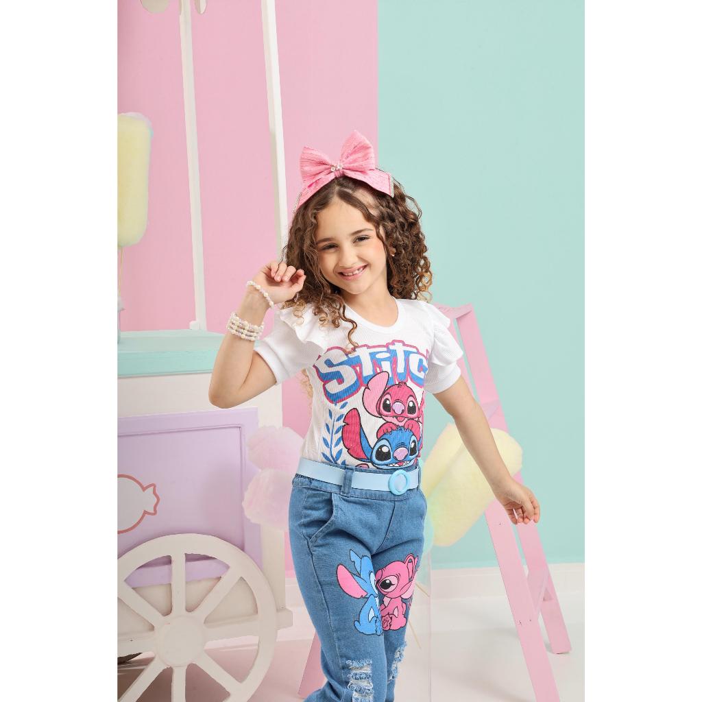 Conjunto Infantil Menina Stitch Blusinha e Calça Jeans Estilo Blogueirinha