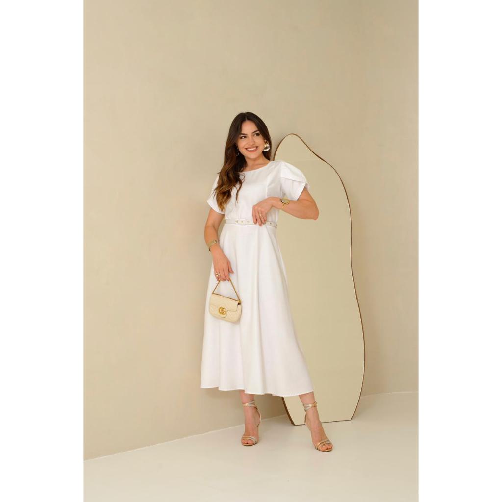 Vestido Midi Branco Noiva Civil |Batizado |Noivado|Festa Casual Elegante Manga Curta Acompanha Cinto