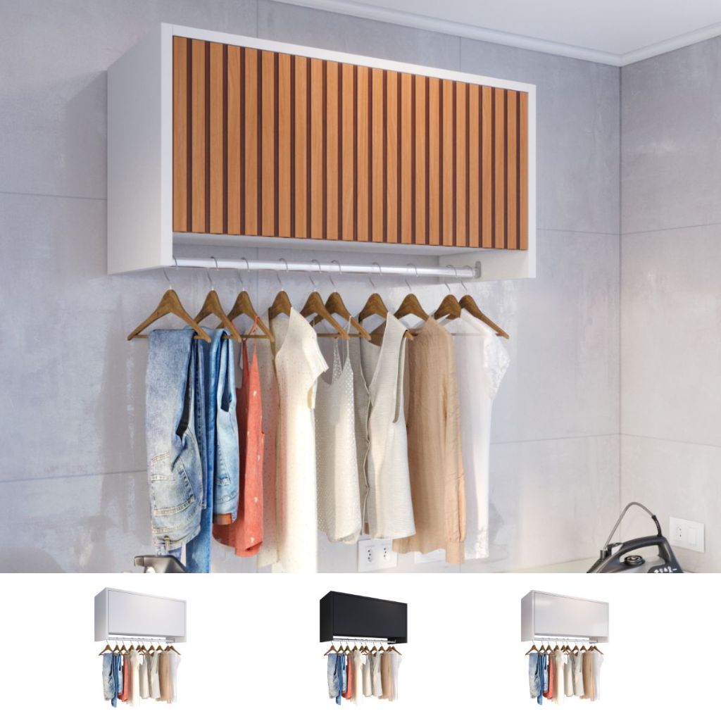 Armário De Lavanderia Suspenso Aéreo com Cabideiro e Porta Delta