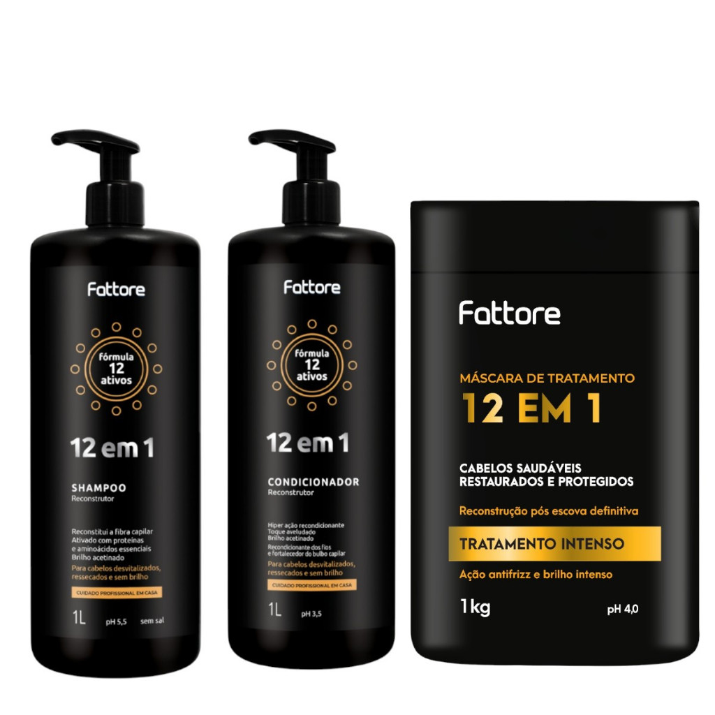 KIT FATTORE 12 EM 1 - SHAMPOO + CONDICIONADOR 1L + MÁSCARA 1KG em Oferta na Shopee