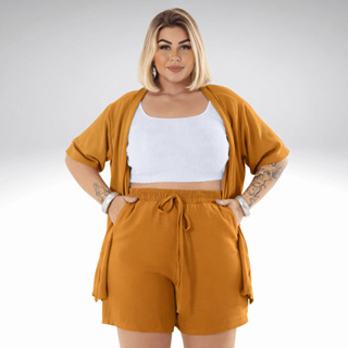 Conjunto Plus Size Feminino Kimono e Short Verão Look Casual Confortável em Oferta na Shopee