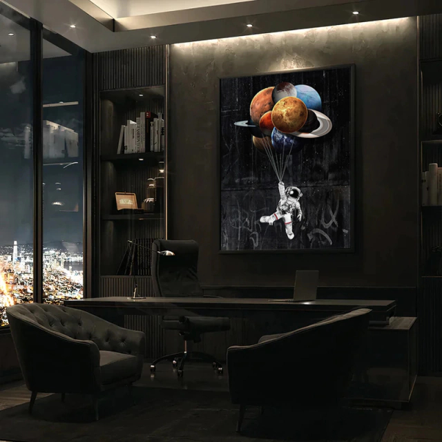 Quadro decorativo astronauta planetário, sistema solar, decoração, modernidade, arte visual em preto