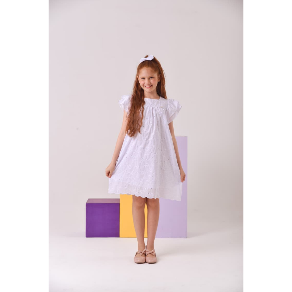 Vestido Festa Luxo Batizado Casamento Crisma em Laise 100% Algodão Forrado com Laço