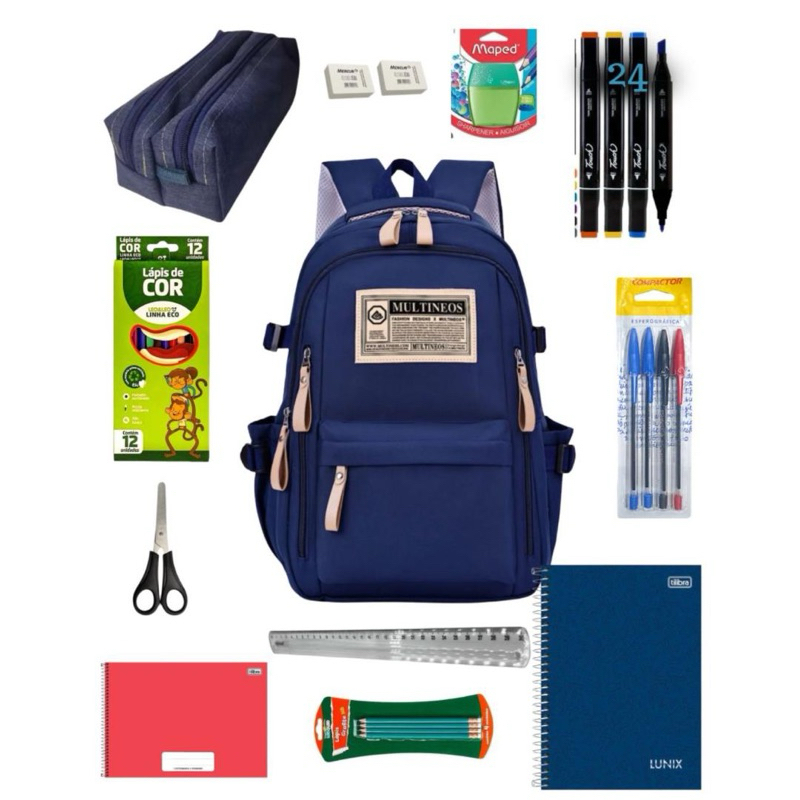 Kit Azul Material Escolar Completo Ensino Médio fundamental Masculino Menino