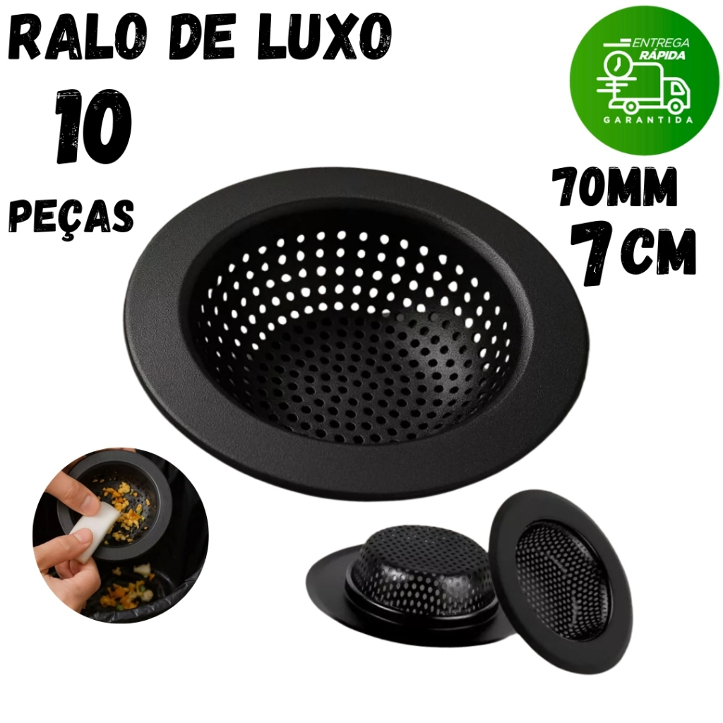 Jogo 10 Ralo 7 CM Cozinha Tanque Banheiro com borda Ralinho Aço Inox Premium Preto Escovado Moderno