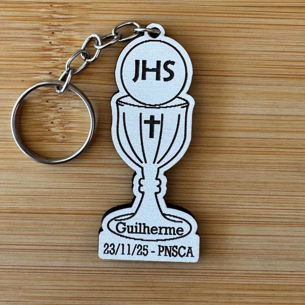 Kit Chaveiros Primeira Comunhão Personalizados MDF Eucaristia Cálice JHS Lembrancinha Personalizado MDF