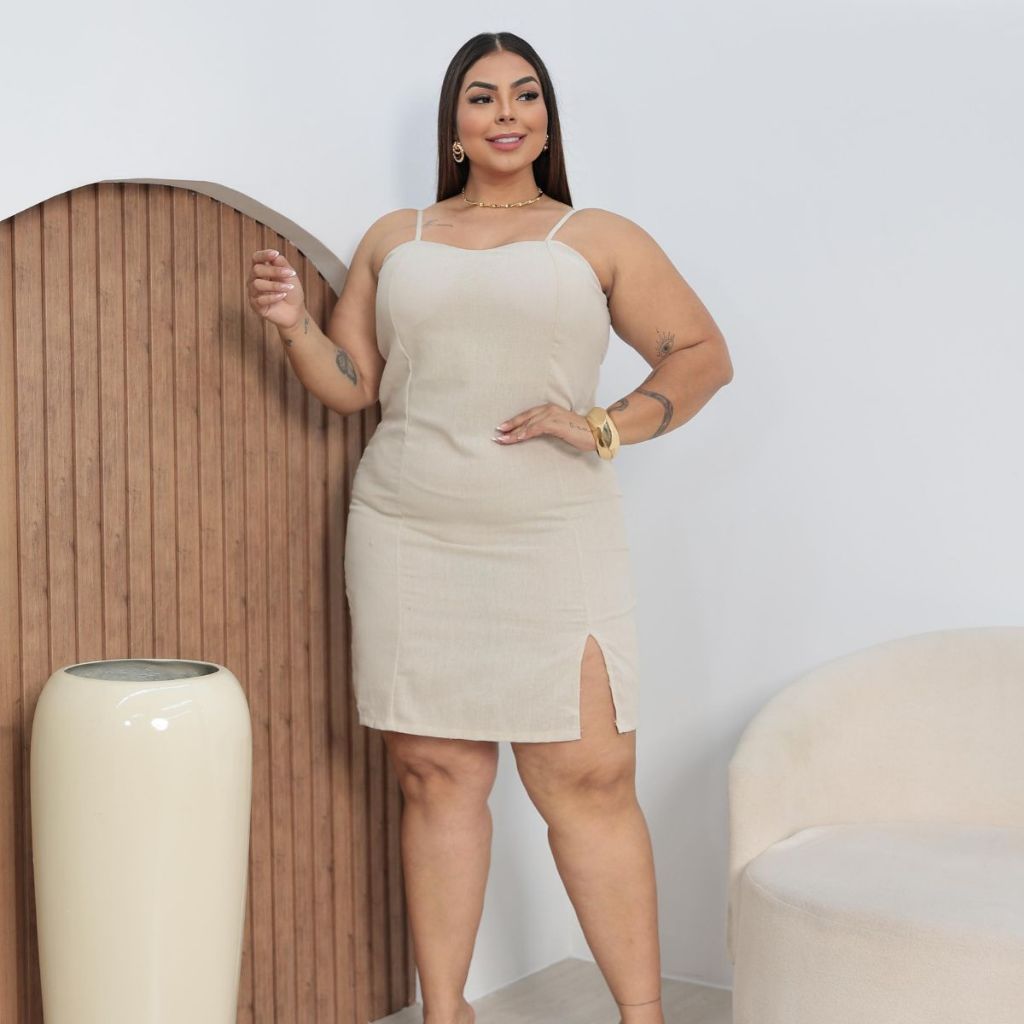 Vestido Plus Size Linho Feminino Midi com Fenda Alça Fina Elegante Verão em Oferta na Shopee