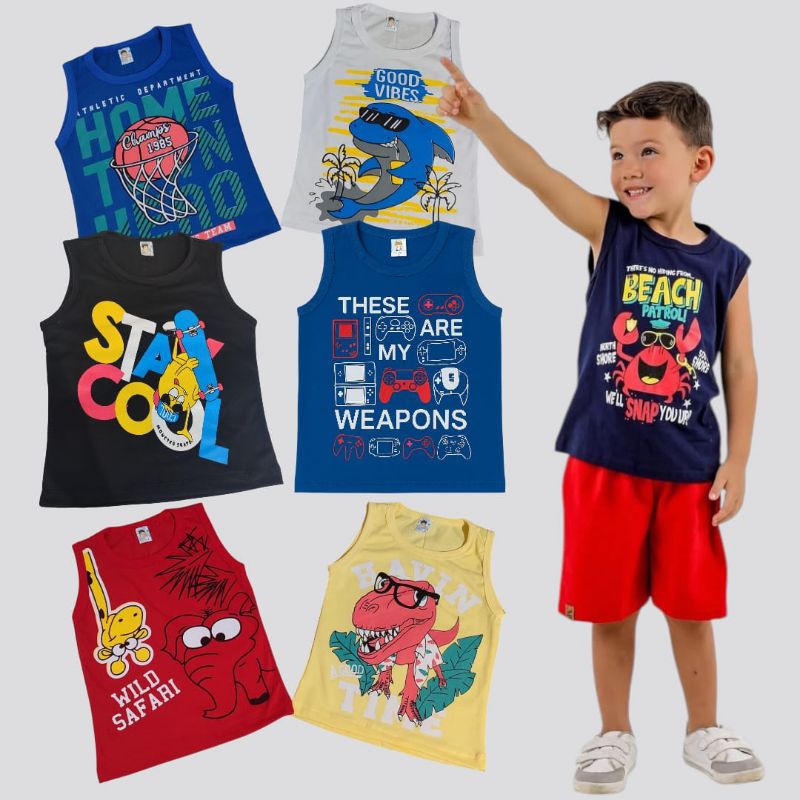 Kit 5 Regatas Infantis Masculinos – Tamanhos 2, 4, 6 e 8 Anos em Oferta na Shopee