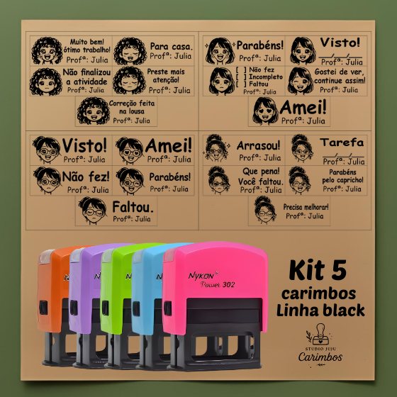 kit com 5 carimbos pedagógicos / professores com bonequinha da professora - Personalizado Nykon linha black 302 em Oferta na Shopee