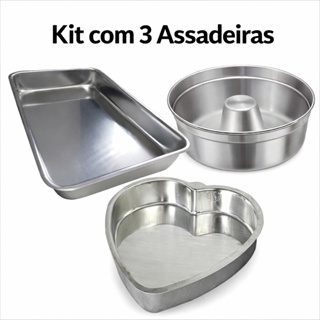 Kit 3 Formas Forma de Bolo Coração, Forma Retangular e Forma de Pudim **Para Bolos de Até 1kg** em Alumínio IF235 em Oferta na Shopee