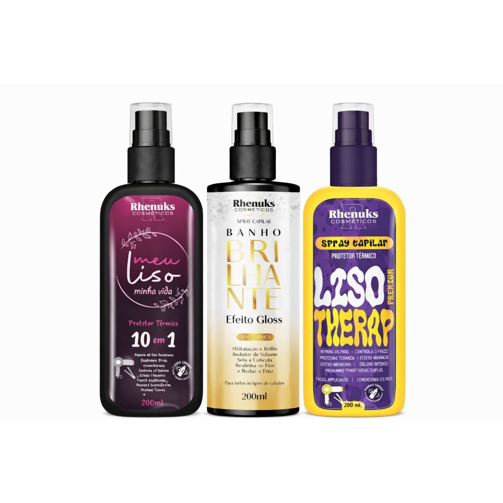 Kit Spray Protetor Térmico Capilar 10 Em 1 Meu Liso + Banho Brilhante + Liso Therap 200ml Cada em Oferta na Shopee