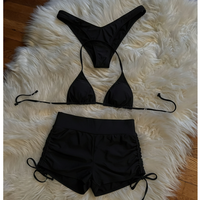 Biquíni Feminino Cortininha Kit 3 peças com Shorts/Sunquíni Cintura Alta Suplex Cortininha Forrado e Calcinha Fio Dental