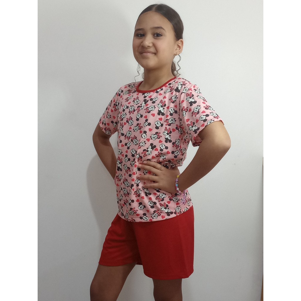 Pijama Infantil Juvenil Menina Verão Conjunto Camiseta e Short Malha Confortável