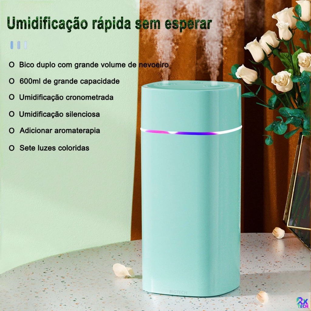 Umidificador De Ar E Difusor Aromatizador Grande De Ambiente 600ml Purificador De Ar Portátil Usb Com LED