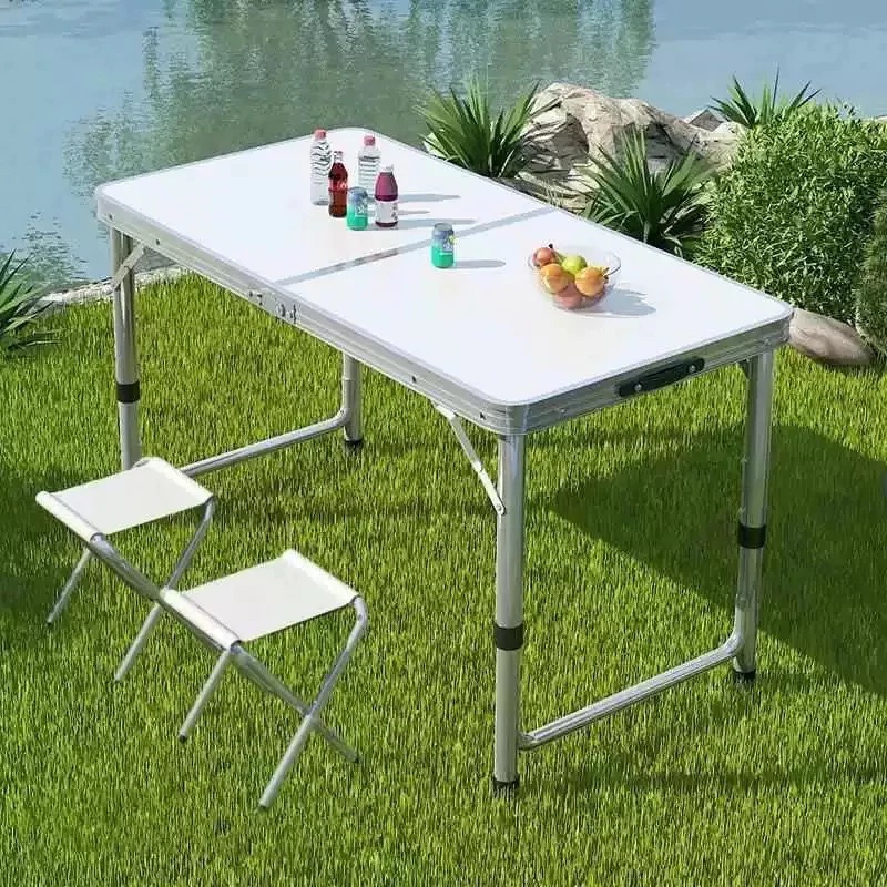 Kit Mesa Dobrável Portátil Vira Maleta Camping Churrasco 90X60cm com 2 Banquinhos Dobráveis Brancos