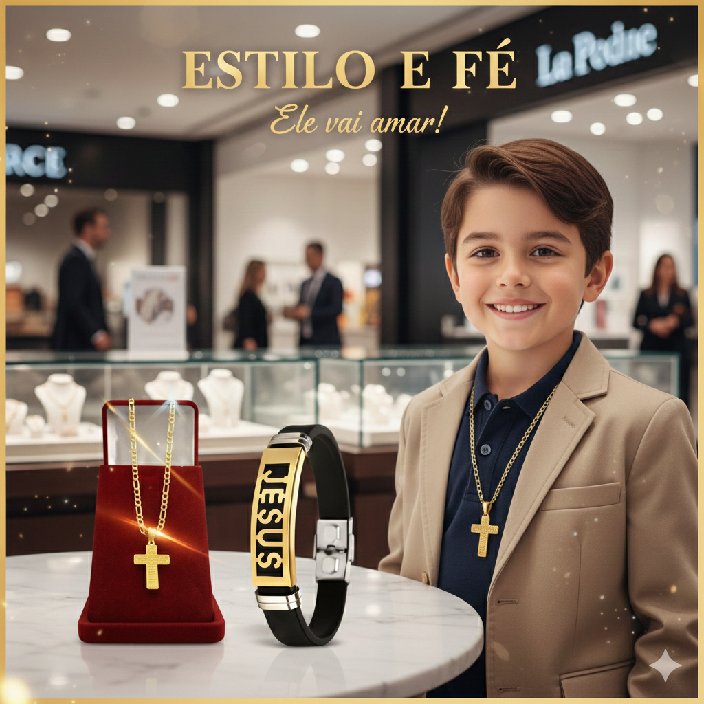 Corrente Menino Infantil 3X1 - 3MM Correntinha Banhado a Ouro + Pingente + Pulseira Escrito Jesus
