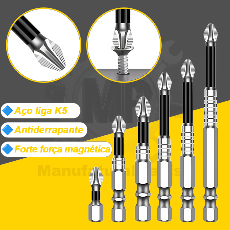 Kit 6 Bits de Parafuso Cruzado | Bits Anti-Impacto Magnéticos Duráveis 25-120mm