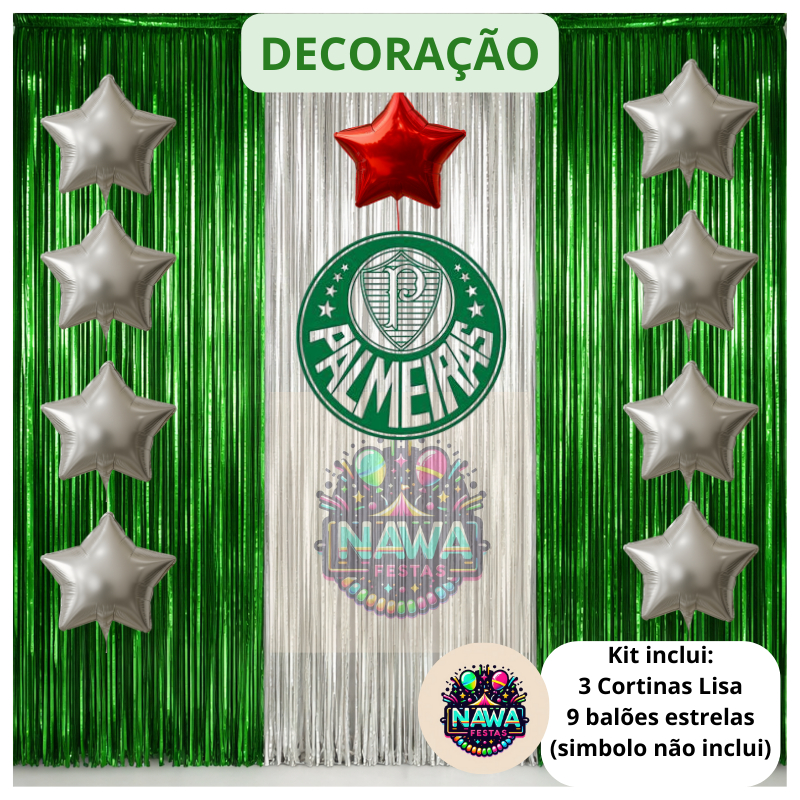 Kit FESTA PALMEIRAS Cortinas Metalizadas + Balões Estrelas 9" em Oferta na Shopee