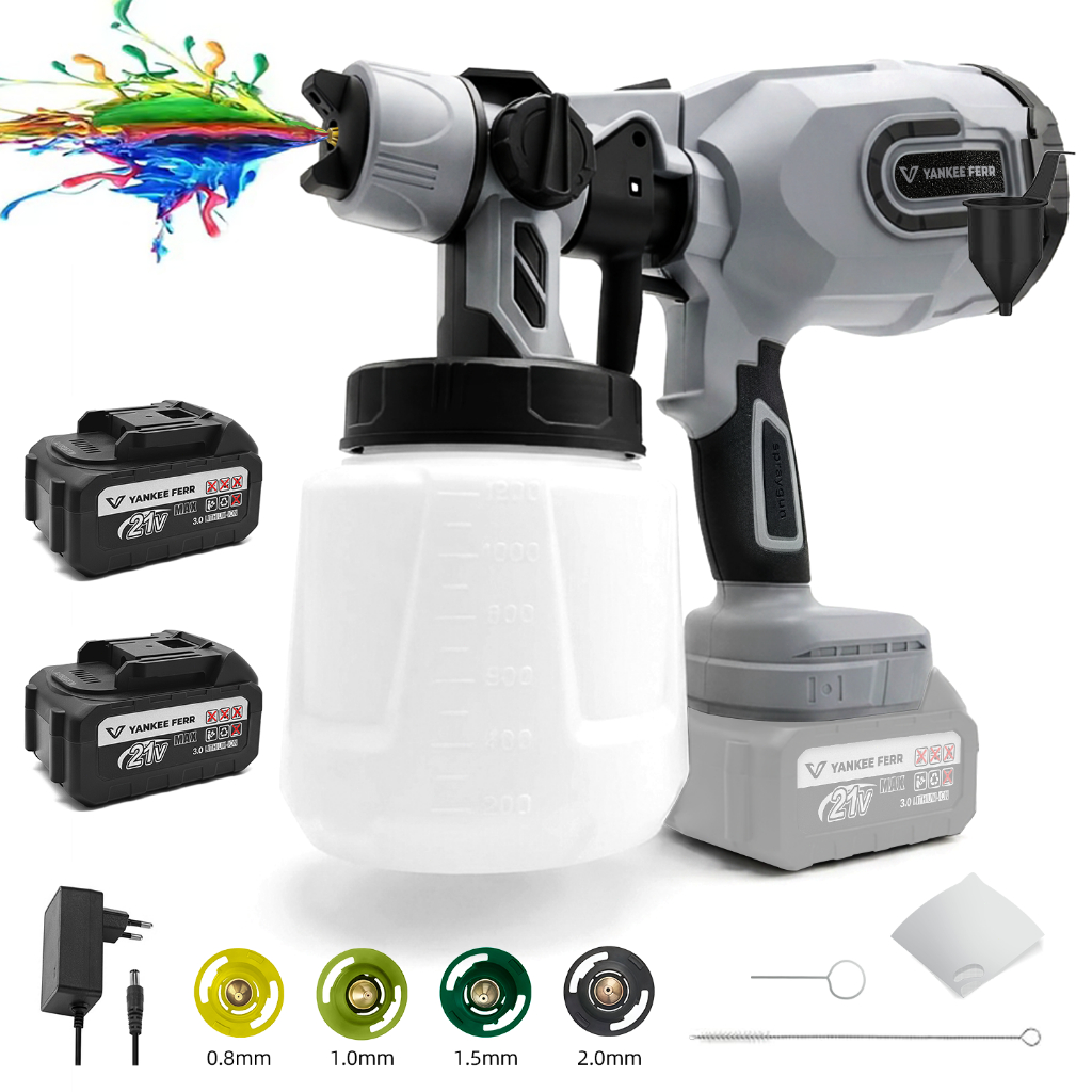 Pistola Pintura Elétrica Portátil 21V Cobre Puro | 3 Modos & Tanque 1200ml C/4 Bicos Desmontáveis 2 Baterias em Oferta na Shopee