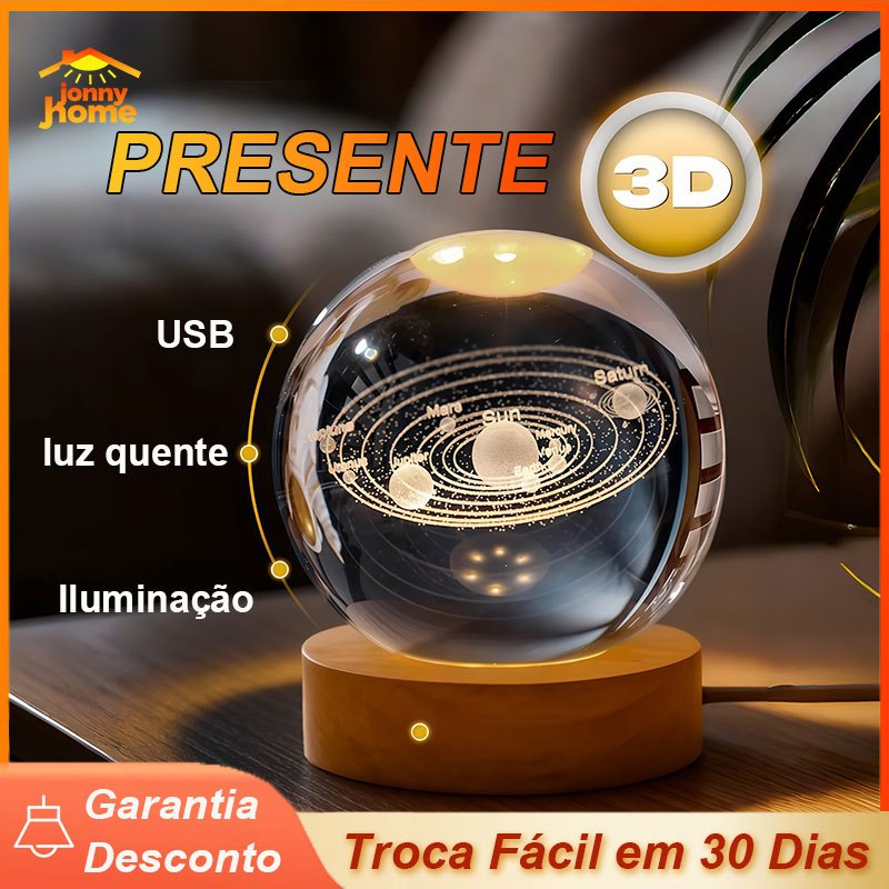 Luminária Cristal de Mesa Sistema Solar Saturno Lua Galáxia LED Base Madeira Enfeite Decorativo Casa