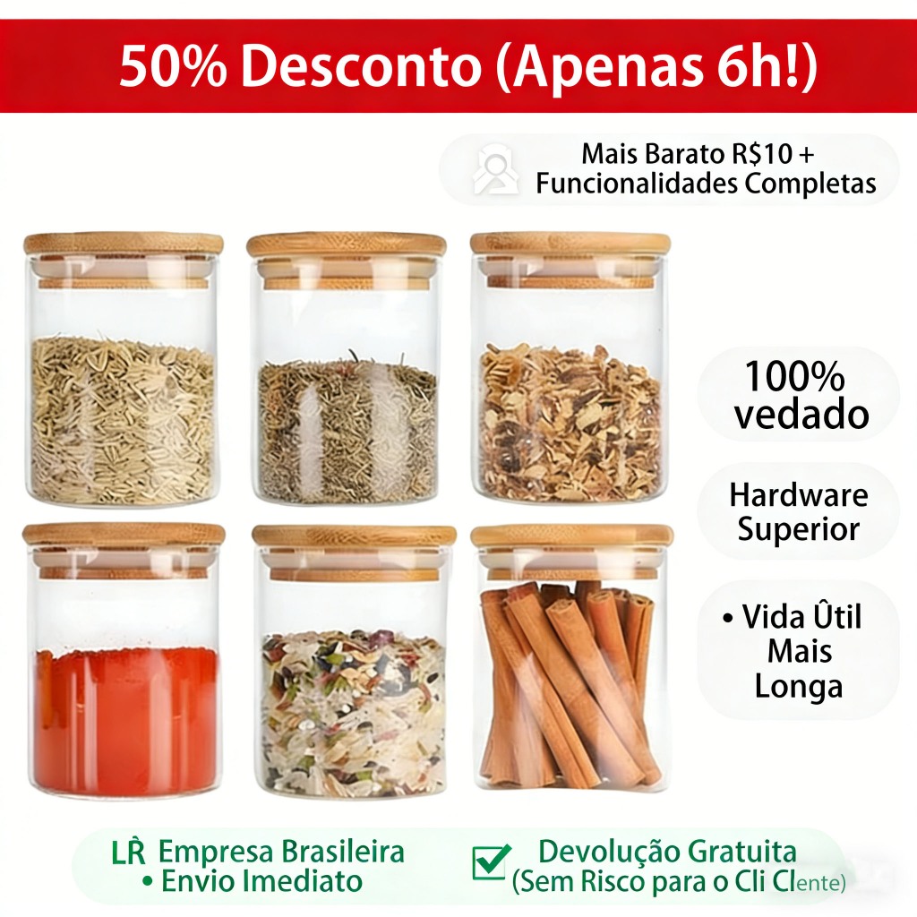 Kit 6 Potes de Vidro Herméticos 200 ml – Tampa Bambu para Temperos / Mantimentos em Oferta na Shopee