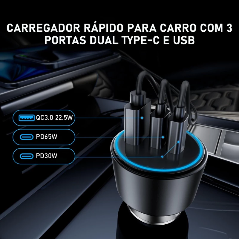 Carregador Veicular Turbo 3 Portes com 2 Tipo C e 1 USB — foto 6
