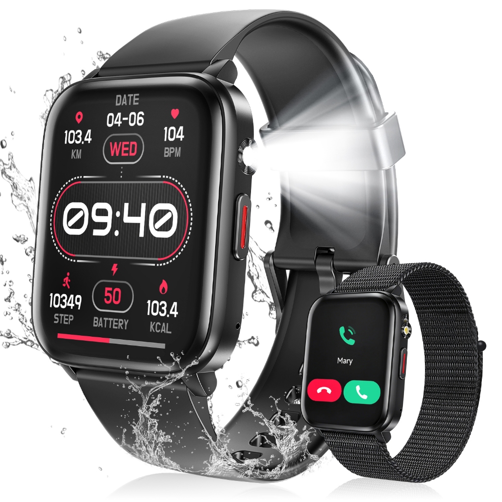 Relógio Smartwatch Chamada Bluetooth IP68 À Prova D'água Monitor De Saúde Notificações Com Lanterna Preto
