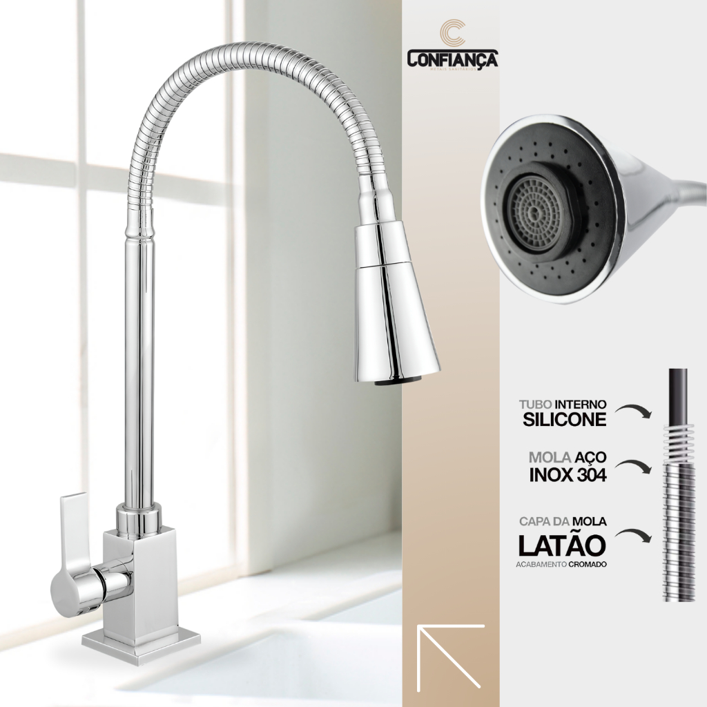 Torneira Cozinha Flexível Quadrada Bancada Jato Duplo Cone Cromado Mesa C-70 Cd. 3512
