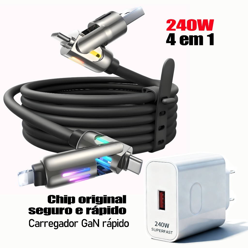 Carregador 20W Carregamento Rápido + Cabo USB-C 4 em 1 Silicone | 3 Opções: Apenas Cabo/Apenas Fonte/Combo | Cabo 1m/2m em Oferta na Shopee